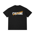 Front view of the Turban Legends® black heavyweight t-shirt featuring white bold block letters reading CULTURE overlaid with an orange script reading PPOP.