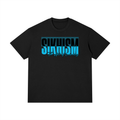 Front view of the Turban Legends® black heavyweight t-shirt featuring an electric blue and black Sikhism The Art of Learning typographic graphic across the chest.