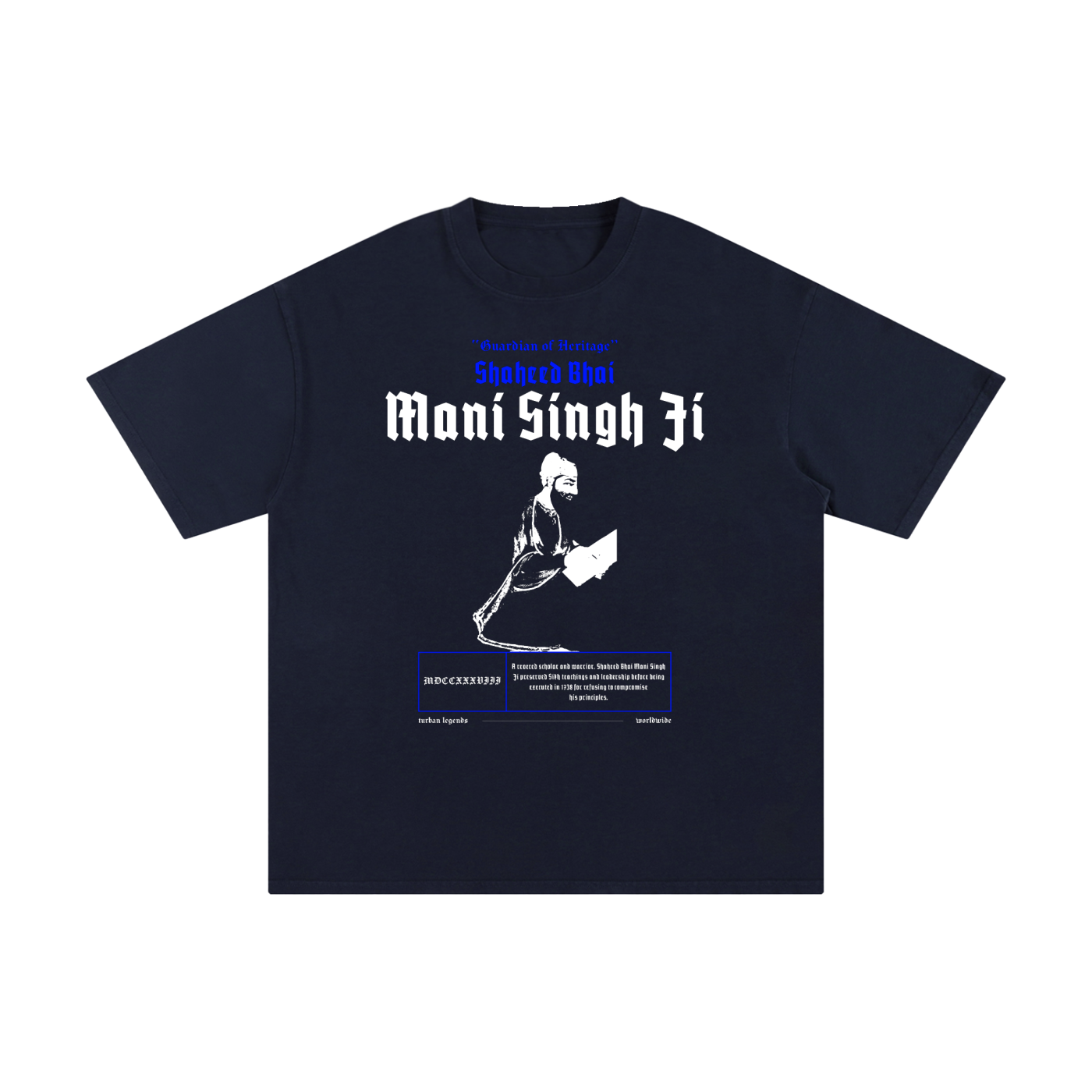 PunjabiPop Shop Turban Legends Bhai Mani Singh Ji black 230GSM heavyweight drop-shoulder retro tee California style