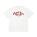 Front view of the Turban Legends® white heavyweight t-shirt featuring a red Gothic Chardi Kala and black Ascending Energy graphic across the chest.