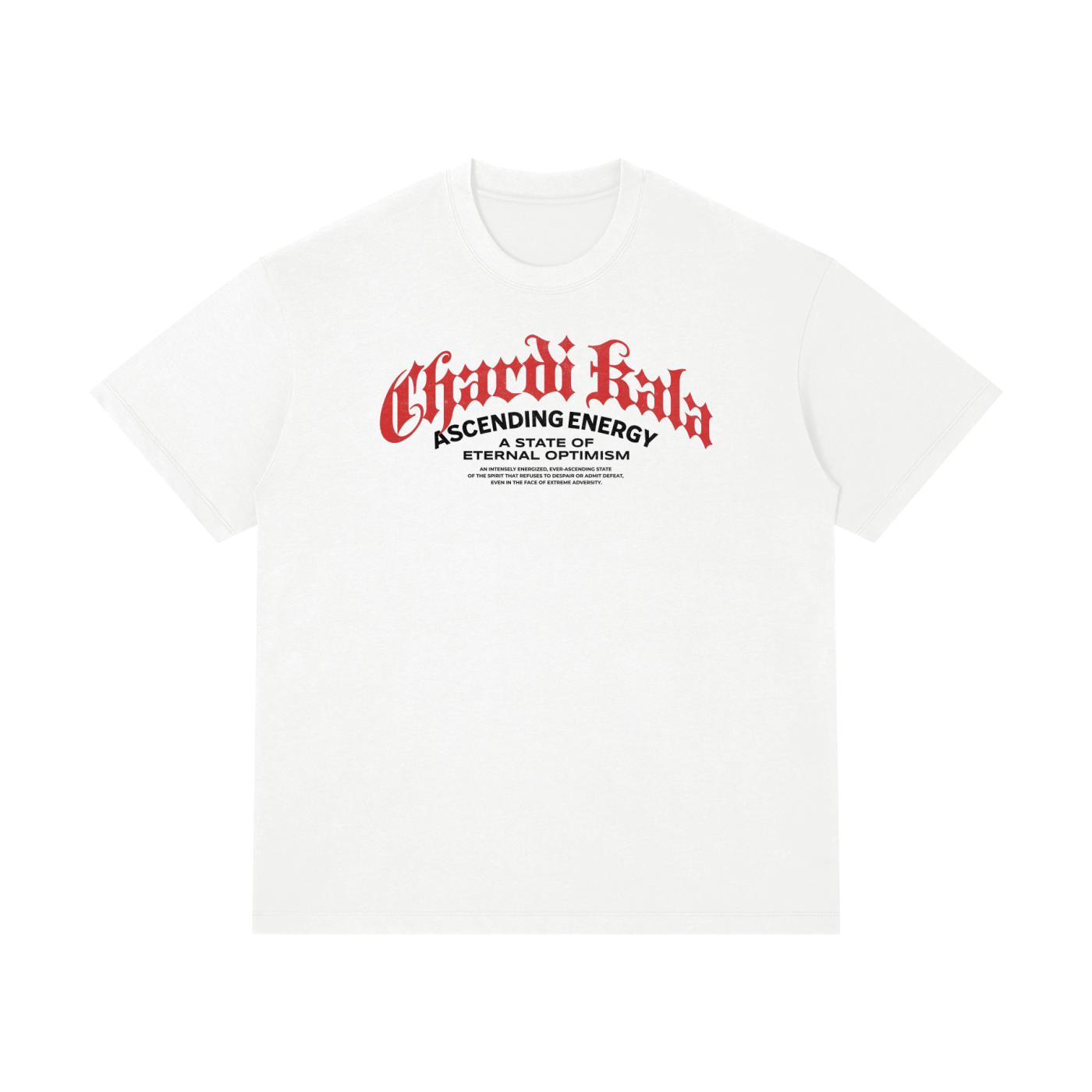 Front view of the Turban Legends® white heavyweight t-shirt featuring a red Gothic Chardi Kala and black Ascending Energy graphic across the chest.