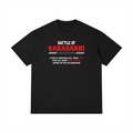 Front view of the Turban Legends® black heavyweight t-shirt featuring a red and white tactical text graphic dedicated to the Battle of Saragarhi MDCCCXCVII.