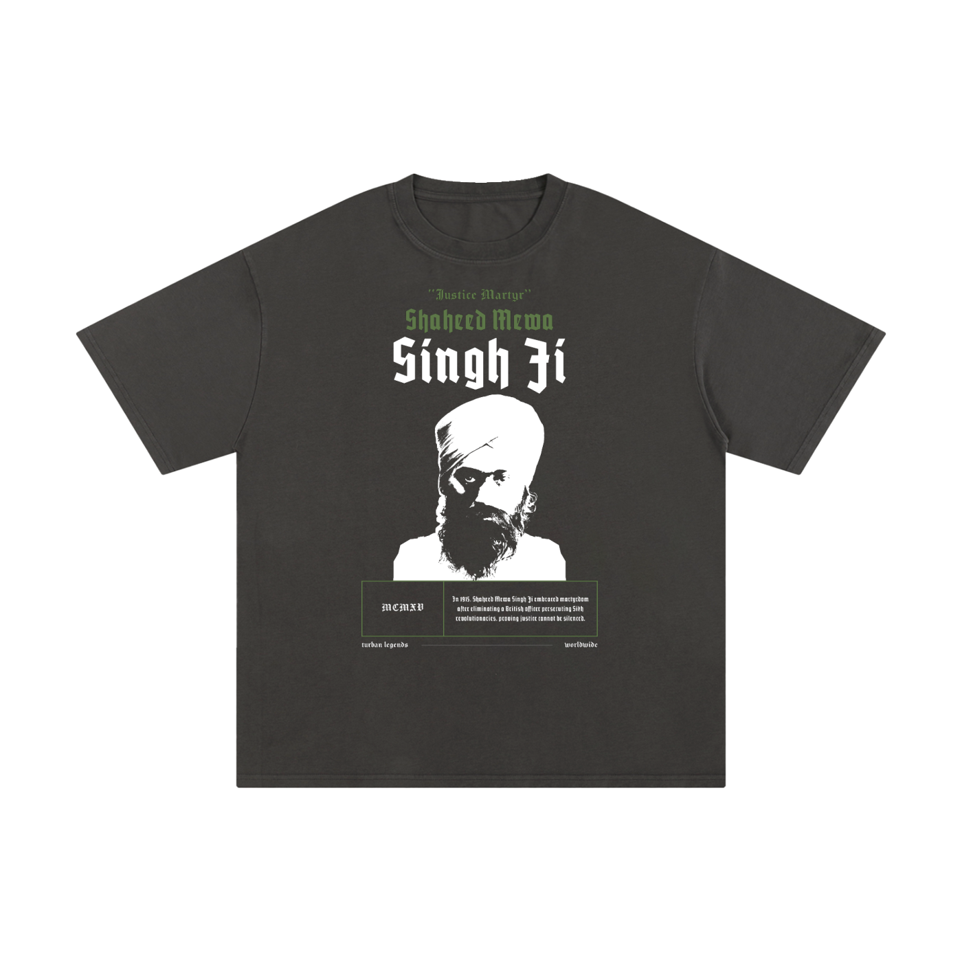 PunjabiPop Shop Turban Legends Shaheed Mewa Singh Ji charcoal 230GSM heavyweight drop-shoulder retro tee California style