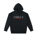 Front view of the Turban Legends® black heavyweight oversized hoodie featuring crisp white serif font reading EMBRACE layered with a red script reading Waheguru.