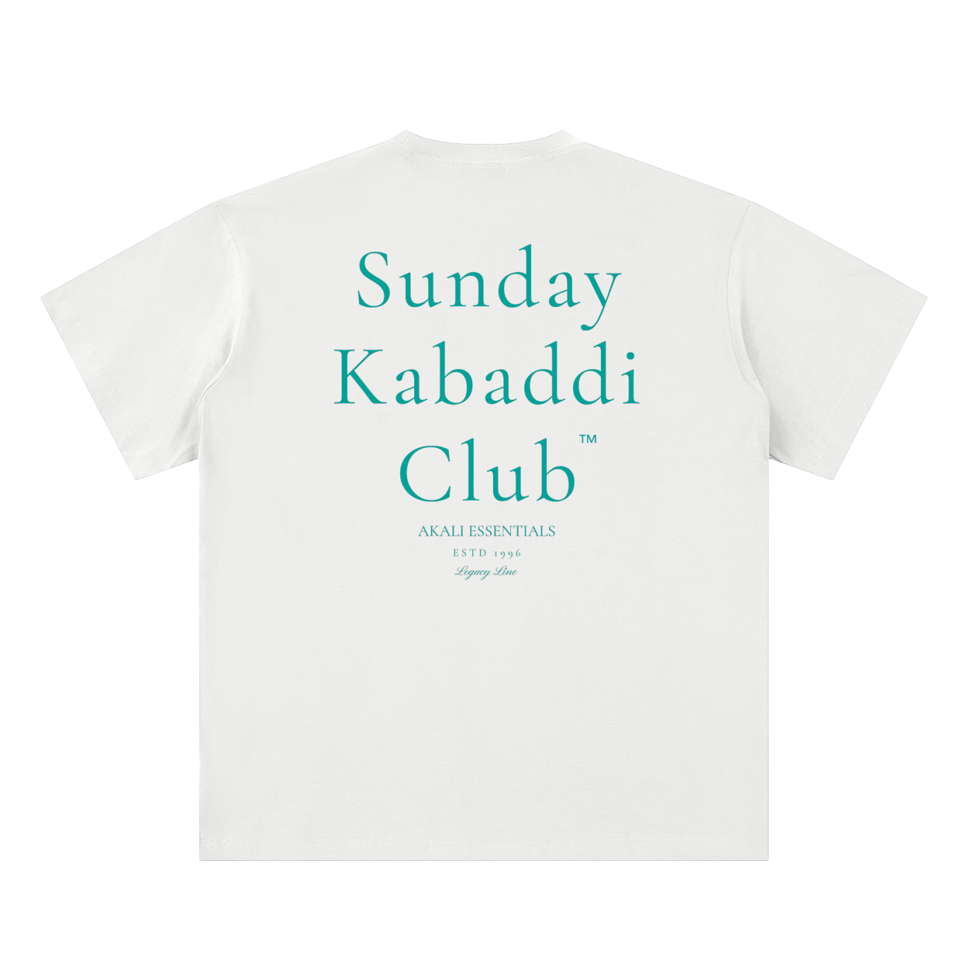 Back view of the Akali Essentials™ white heavyweight t-shirt featuring clean teal green serif text reading Sunday Kabaddi Club.