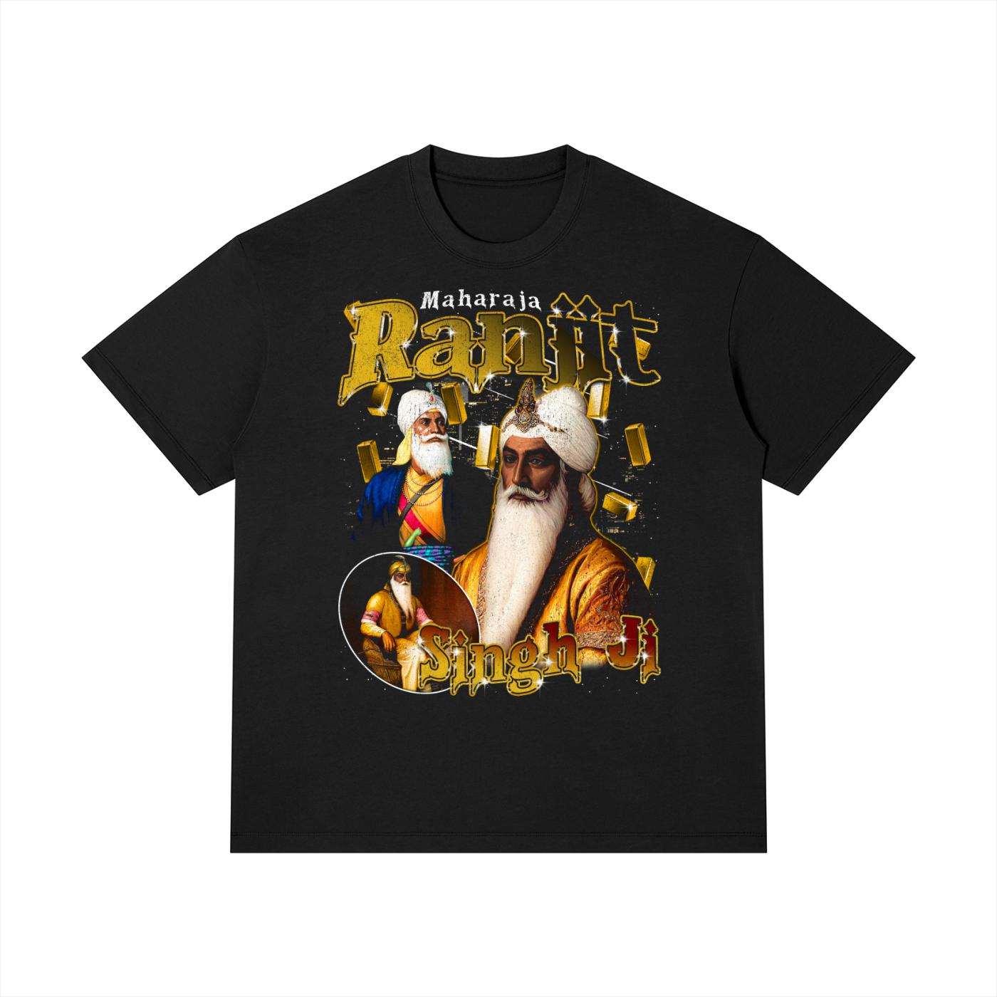 PunjabiPop Shop Maharaja Ranjit Singh Ji black 230GSM heavyweight oversized graphic tee California streetwear style.