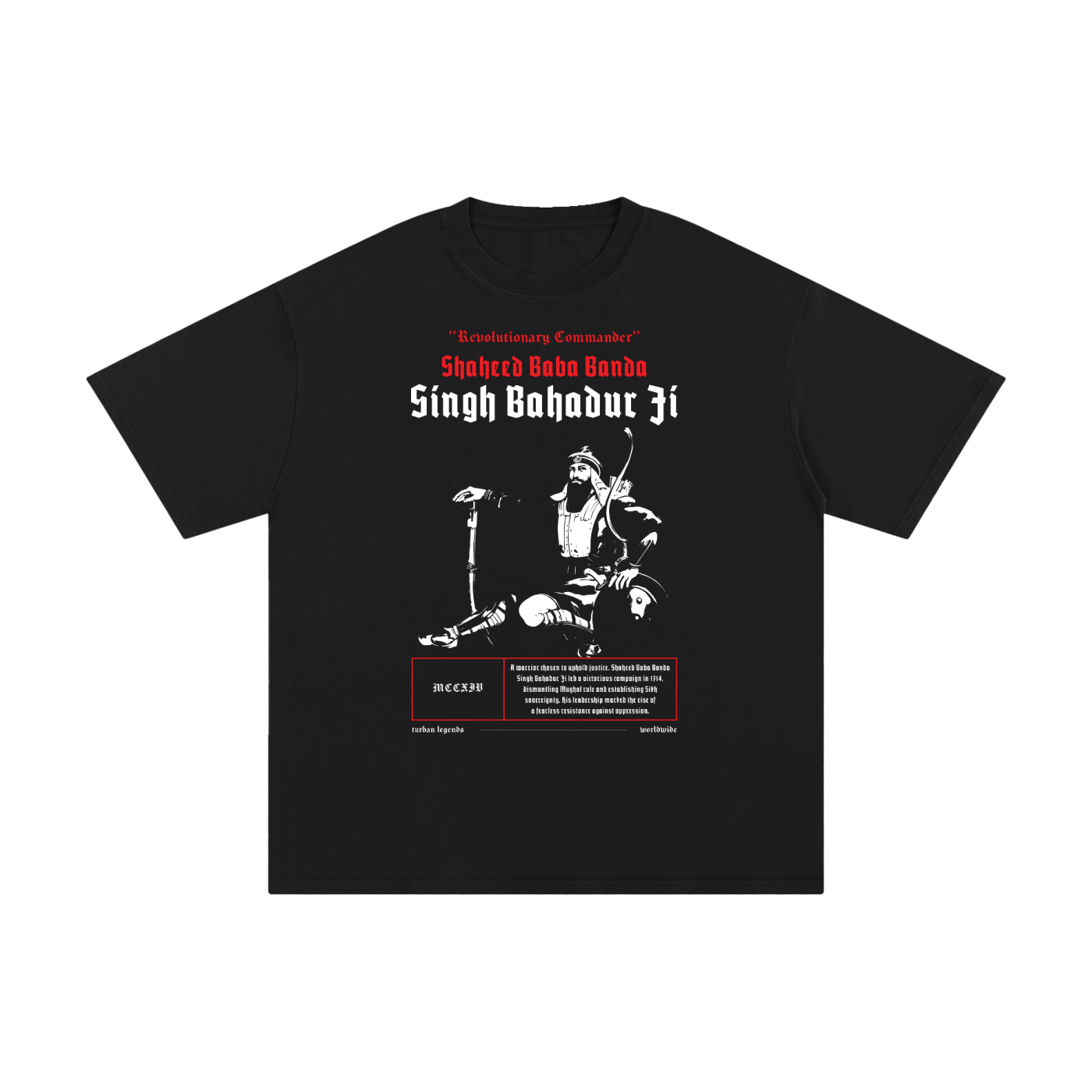 PunjabiPop Shop Turban Legends Baba Banda Singh Bahadur Ji black 230GSM heavyweight drop-shoulder retro tee California style