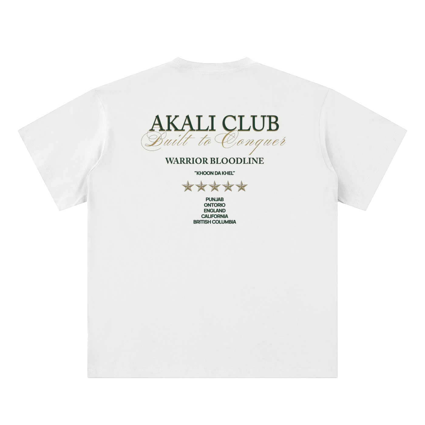 Back view of the Akali Essentials™ white heavyweight t-shirt featuring green Akali Club text layered with gold cursive script and five stars above a list of global regions.
