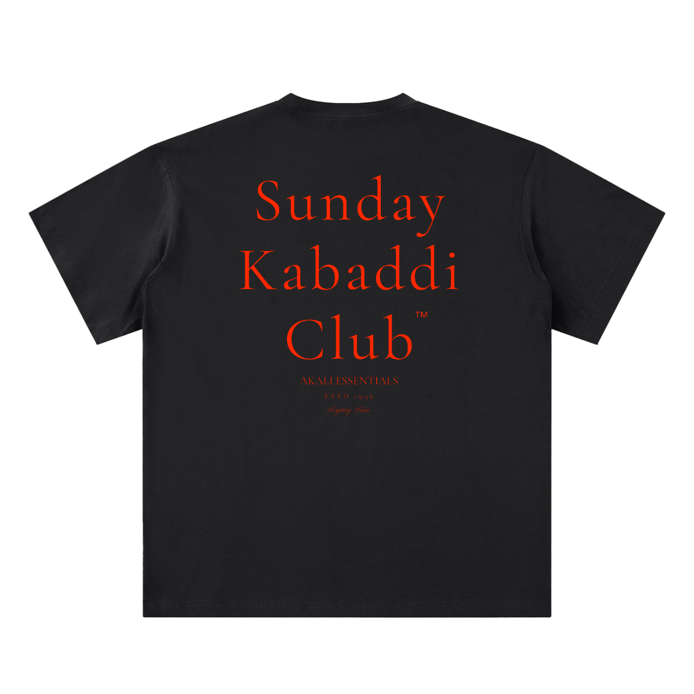 Back view of the Akali Essentials™ black heavyweight t-shirt featuring bright orange red serif text reading Sunday Kabaddi Club.