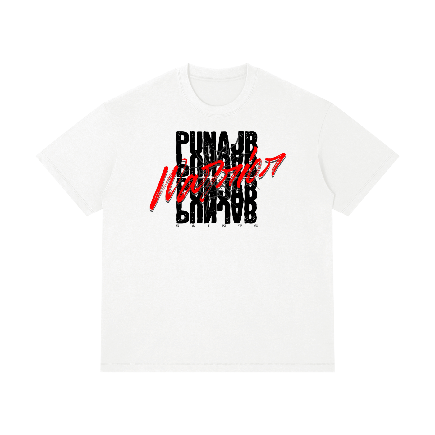 Front view of the Turban Legends® white heavyweight t-shirt featuring a black stacked typography graphic reading PUNJAB SAINTS with a red handwritten script reading WARRIORS.