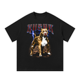 Front view of the KUSHR® black heavyweight t-shirt featuring a realistic pitbull illustration under lightning with chrome red KUSHR text.