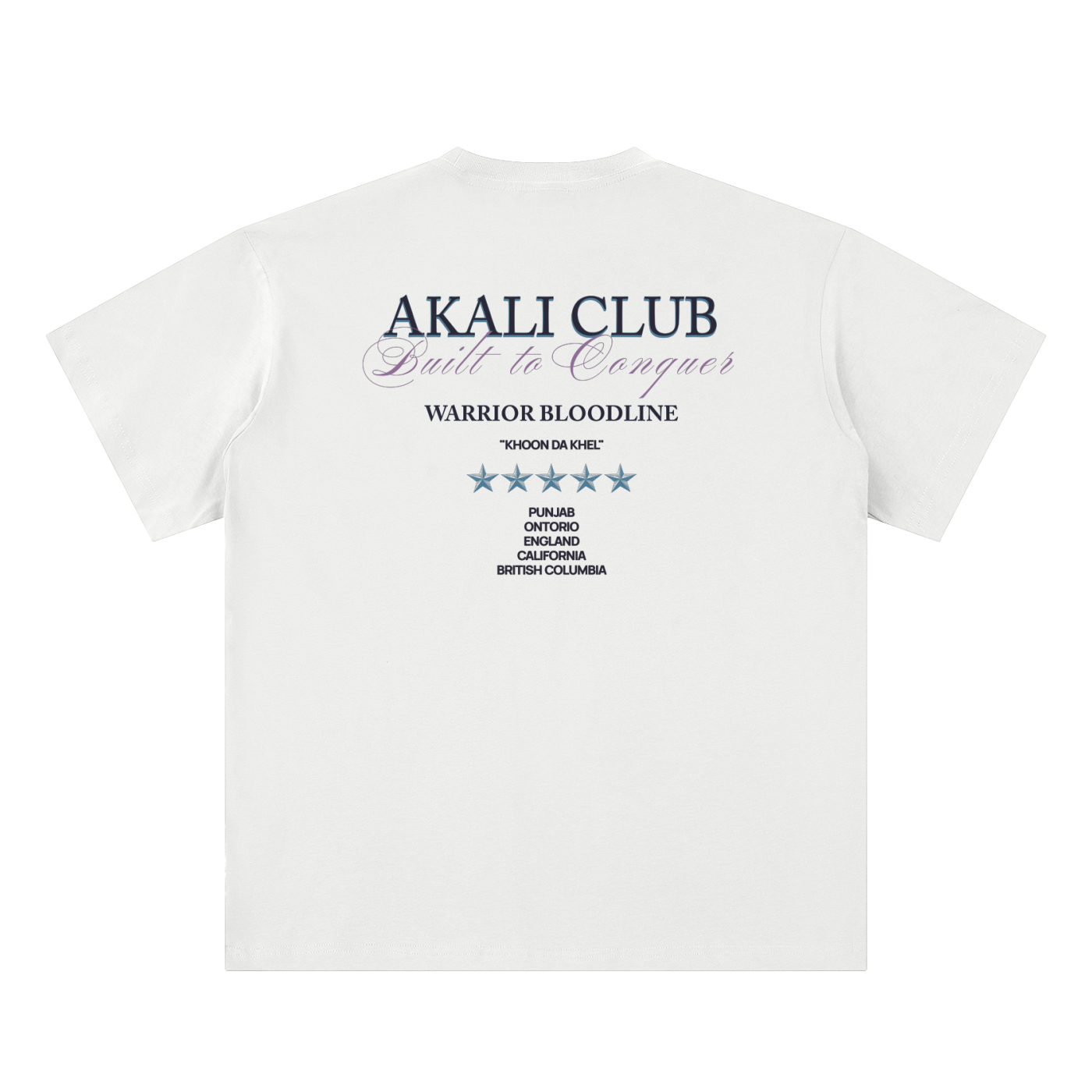 Back view of the Akali Essentials™ white heavyweight t-shirt featuring deep blue Akali Club text layered with purple cursive script and five metallic blue stars above global regions.