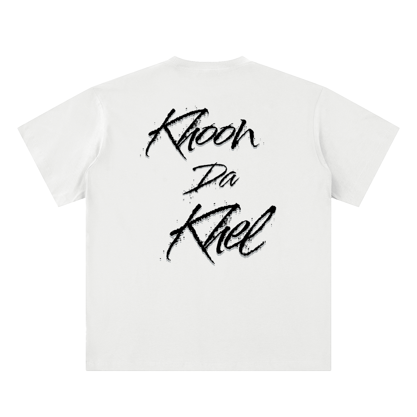Back view of the Akali Essentials™ white heavyweight t-shirt featuring aggressive textured black brush script reading Khoon Da Khel.