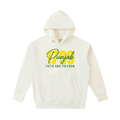 Front view of the Turban Legends® off-white cream heavyweight oversized hoodie featuring a green and yellow Punjab 1799 Faith and Freedom graphic across the chest.