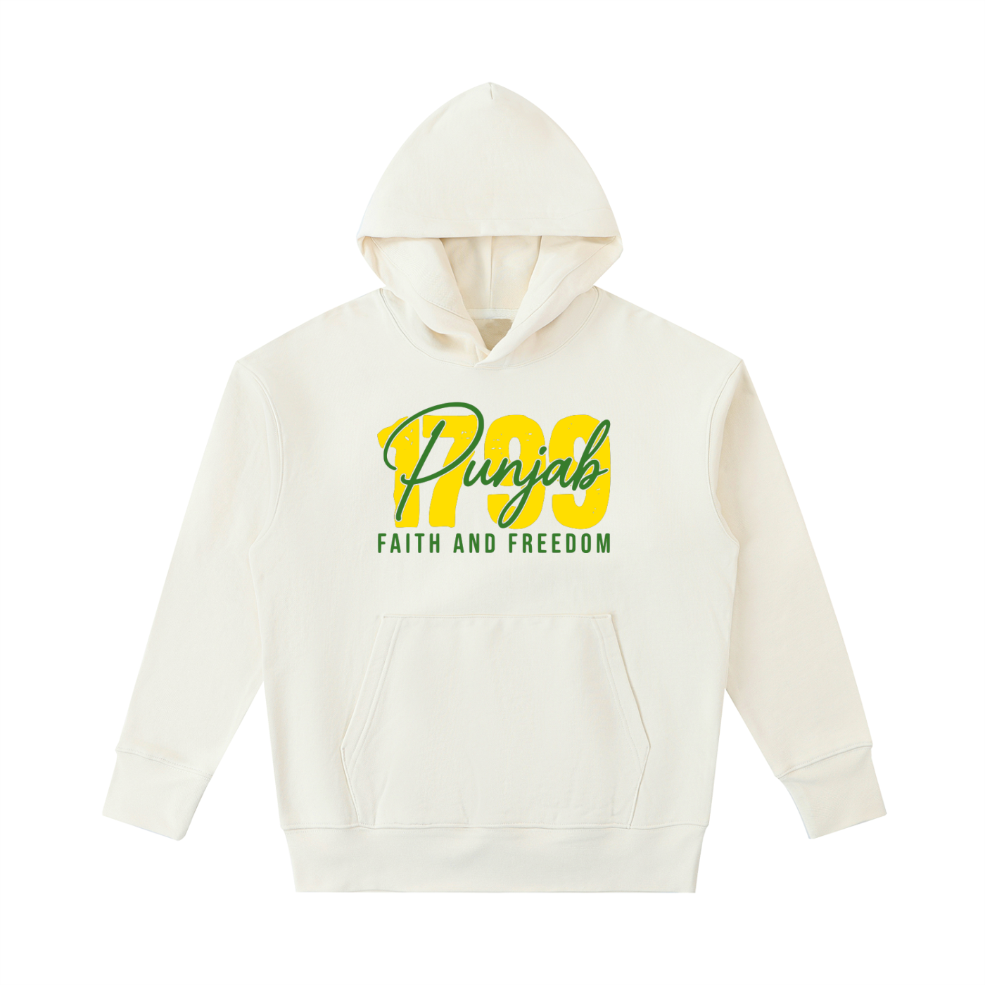 Front view of the Turban Legends® off-white cream heavyweight oversized hoodie featuring a green and yellow Punjab 1799 Faith and Freedom graphic across the chest.