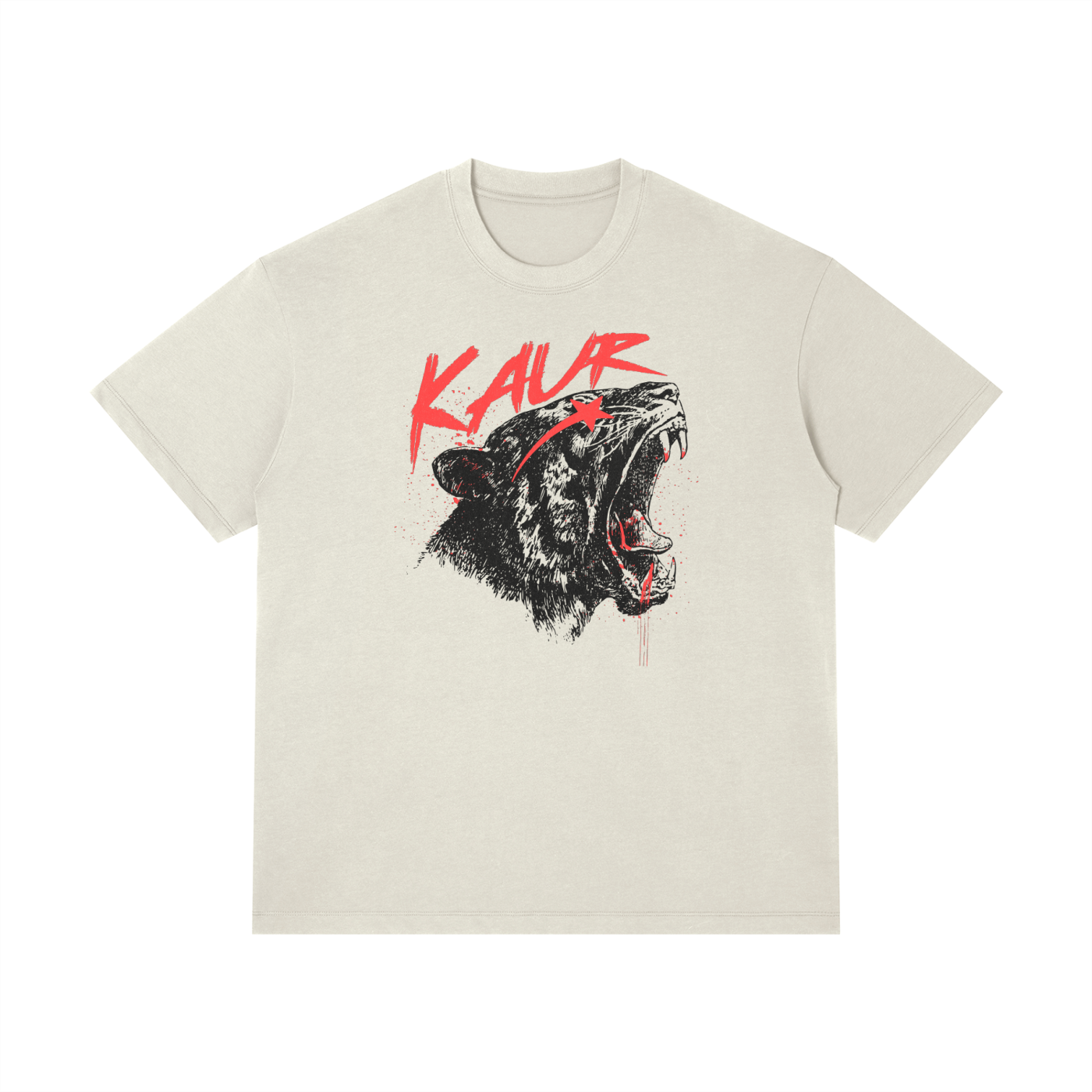 Front view of the Turban Legends® cream off-white heavyweight t-shirt featuring a detailed black roaring lioness graphic with red punk style Kaur text.