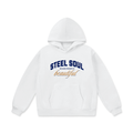 Front view of the Akali Essentials™ white heavyweight oversized hoodie featuring navy blue collegiate text reading STEEL SOUL layered over gold cursive script.