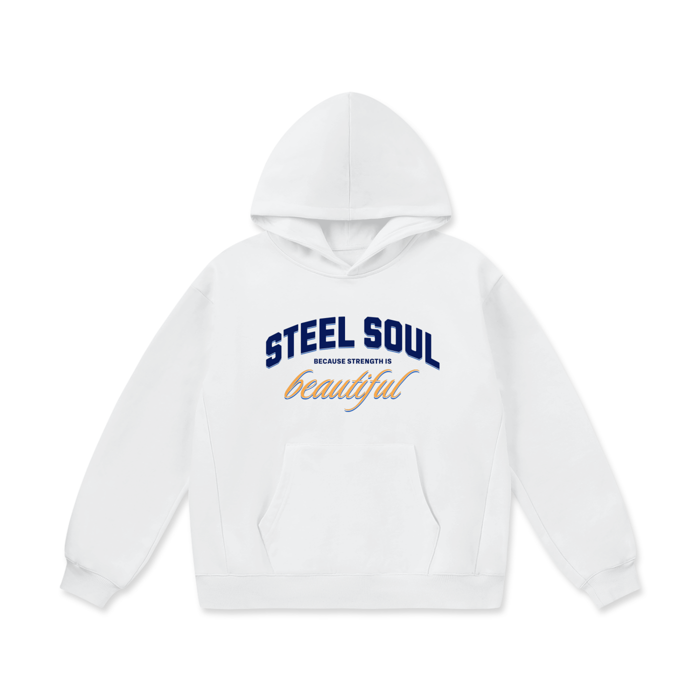 Front view of the Akali Essentials™ white heavyweight oversized hoodie featuring navy blue collegiate text reading STEEL SOUL layered over gold cursive script.