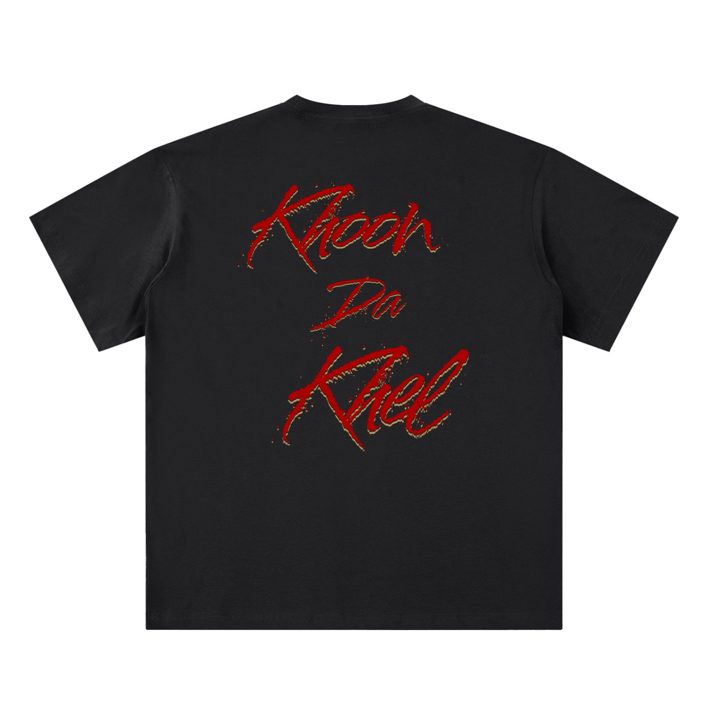 Back view of the Akali Essentials™ black heavyweight t-shirt featuring aggressive textured red brush script with gold undertones reading Khoon Da Khel.