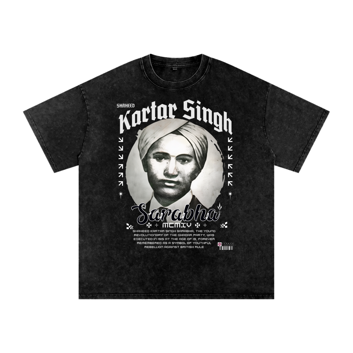 PunjabiPop Shop Turban Legends Kartar Singh Sarabha Ji snow wash 250GSM super heavyweight oversized graphic tee California style