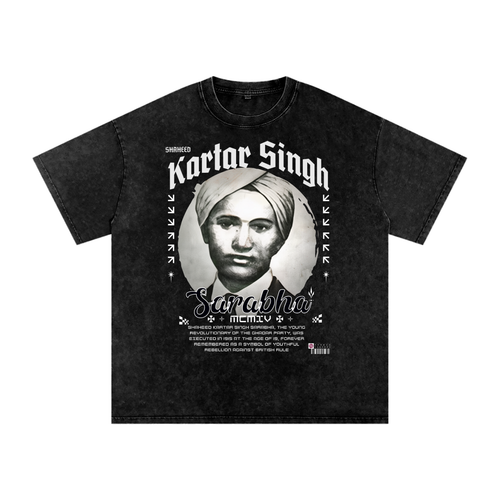 PunjabiPop Shop Turban Legends Kartar Singh Sarabha Ji snow wash 250GSM super heavyweight oversized graphic tee California style