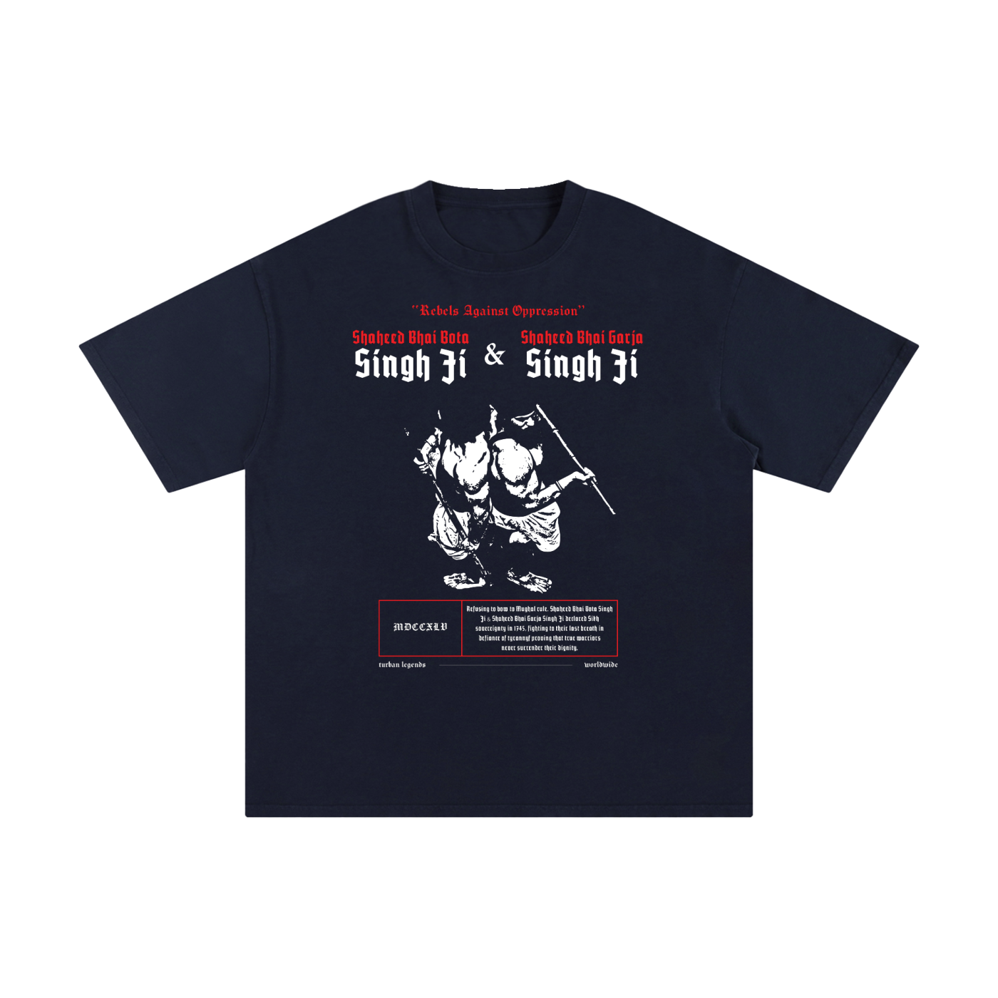 PunjabiPop Shop Turban Legends Shaheed Bhai Bota Singh Bhai Garja Singh navy blue 230GSM heavyweight drop-shoulder retro tee California style