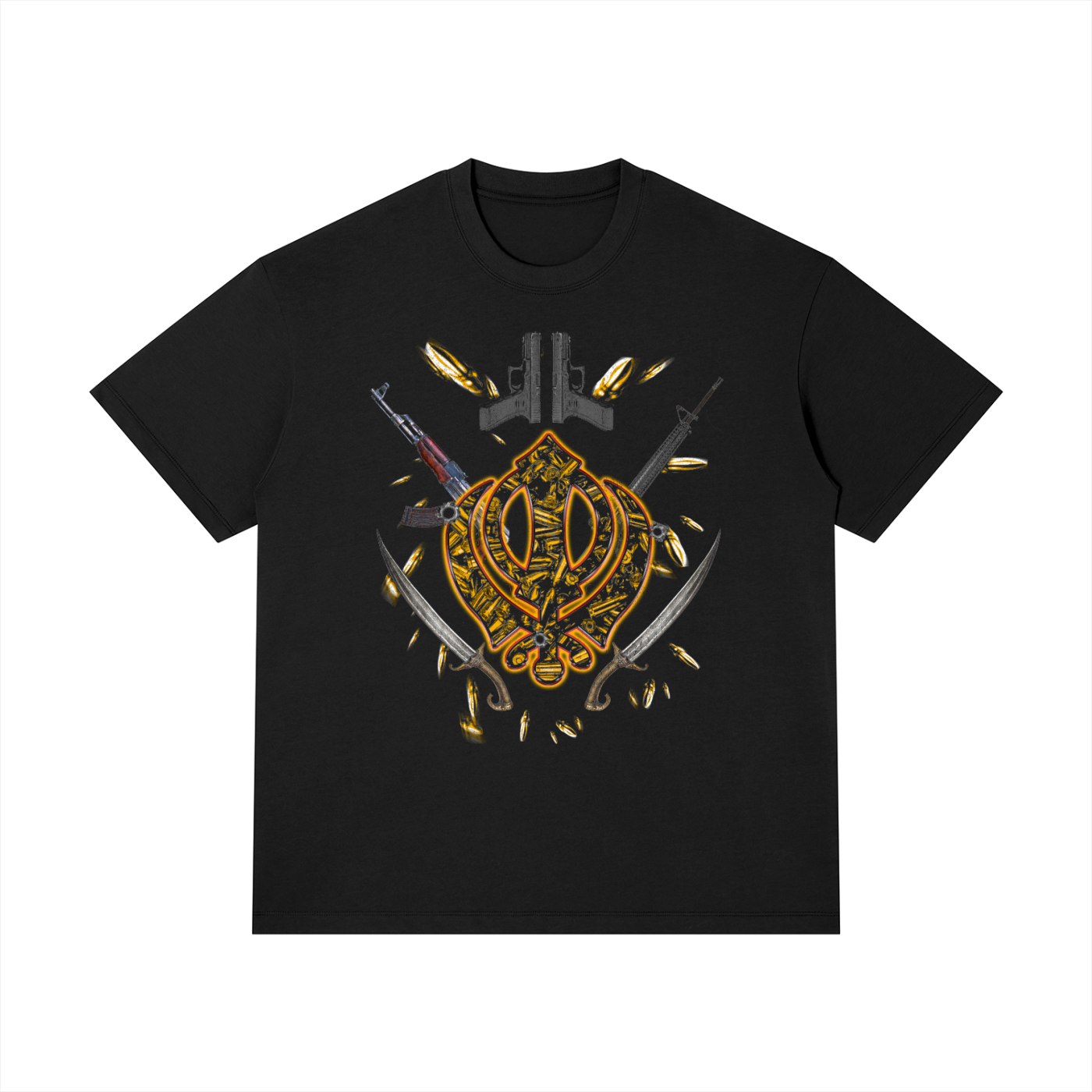 PunjabiPop Shop Lifestyle Khanda black 230GSM heavyweight oversized streetwear tee California style.