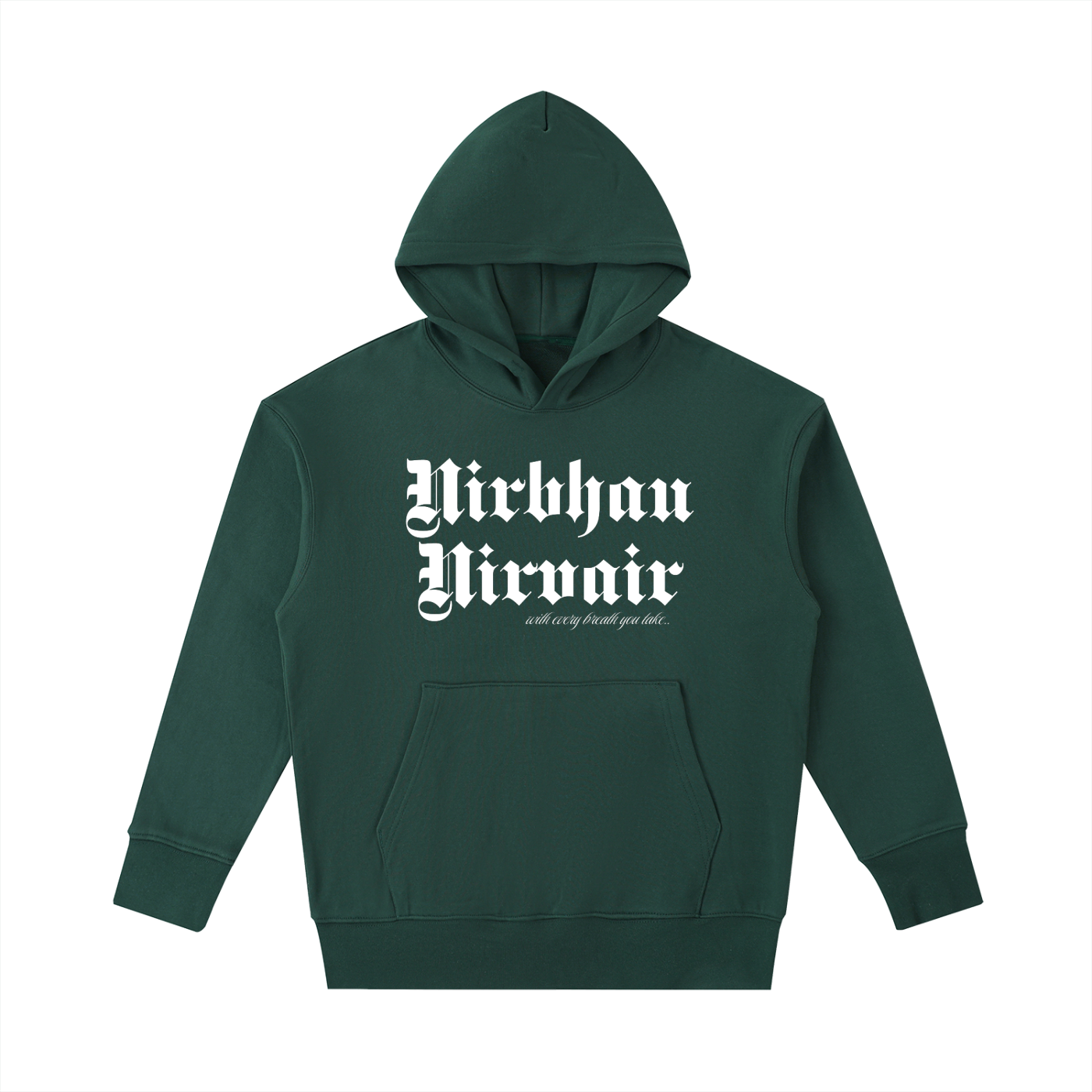 Front view of the Turban Legends® green heavyweight oversized hoodie featuring white Nirbhau Nirvair Gothic text across the chest.