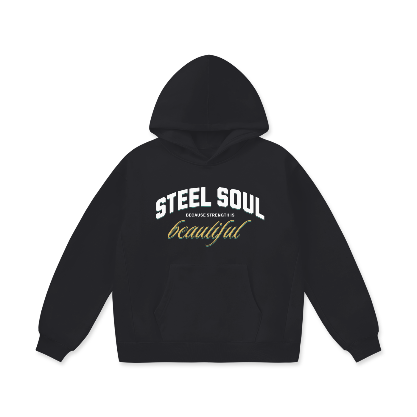 Front view of the Akali Essentials™ black heavyweight oversized hoodie featuring white collegiate text reading STEEL SOUL layered over gold cursive script.