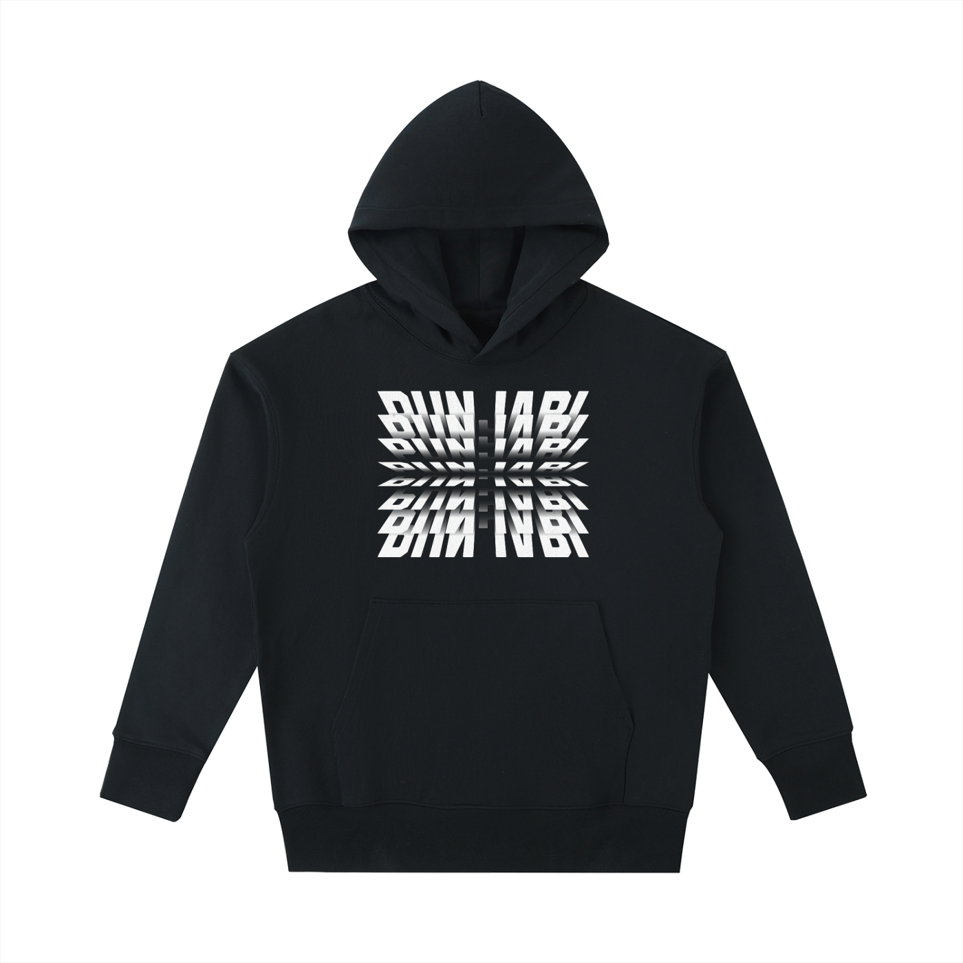 Front view of the Turban Legends® black heavyweight oversized hoodie featuring a white kinetic layered Punjabi text graphic across the chest.