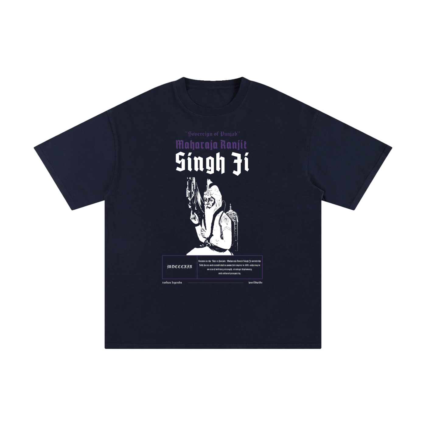 PunjabiPop Shop Turban Legends Maharaja Ranjit Singh Ji navy blue 230GSM heavyweight drop-shoulder retro tee California style