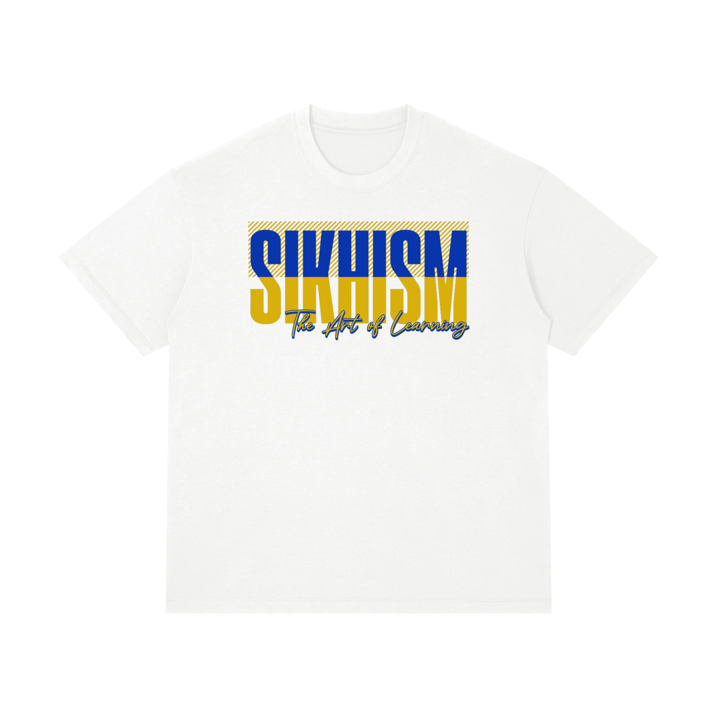 Front view of the Turban Legends® white heavyweight t-shirt featuring a blue and yellow Sikhism The Art of Learning typographic graphic across the chest.