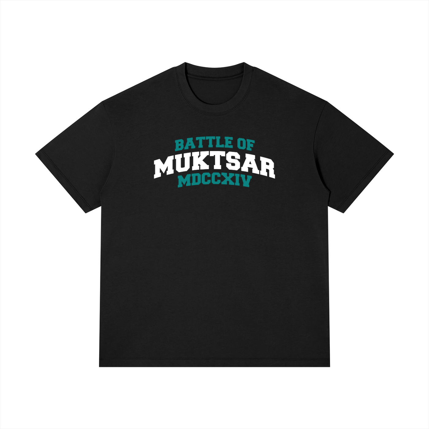 Front view of the Turban Legends® black heavyweight t-shirt featuring a teal and white Battle of Muktsar MDCCXIV collegiate text graphic across the chest.