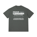 Front view of the Turban Legends® charcoal gray heavyweight t-shirt featuring a distressed white Battle of Lohgarh MDCXXXVI historical text graphic across the chest.