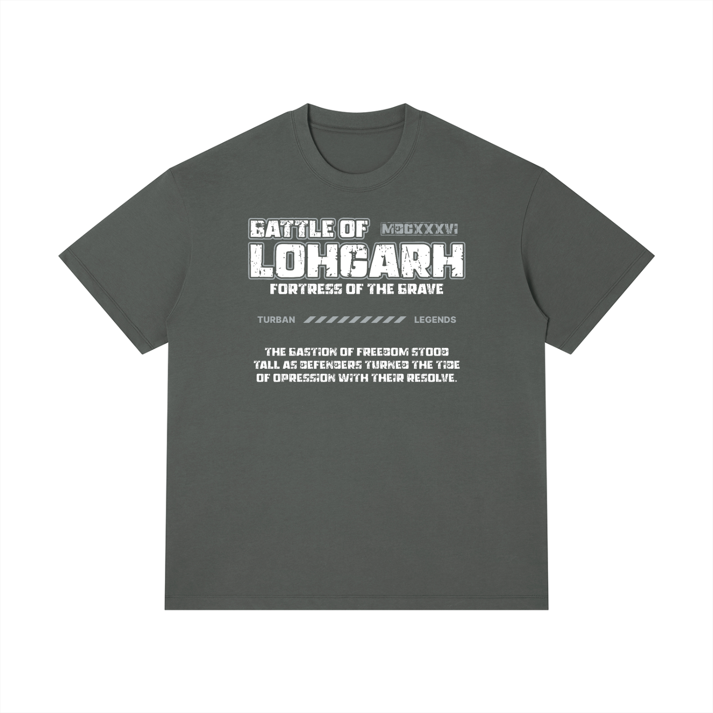 Front view of the Turban Legends® charcoal gray heavyweight t-shirt featuring a distressed white Battle of Lohgarh MDCXXXVI historical text graphic across the chest.